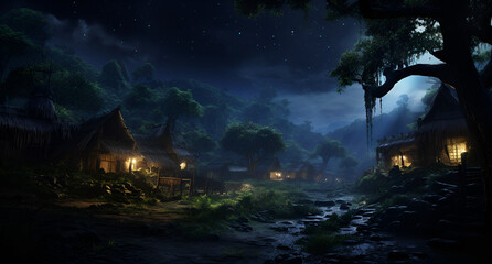 Fototapeta premium Remote ancient forest village Night sky