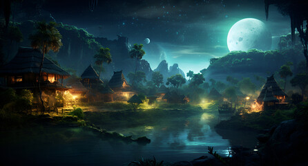 Remote ancient forest village Night sky