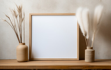Wooden frame mockup with pampas grass in vase on shelf over white wall