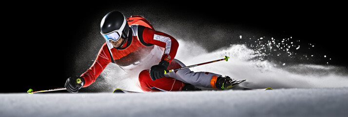athlete skier in dynamics on the track - obrazy, fototapety, plakaty
