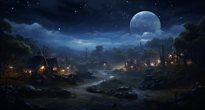 Remote ancient forest village Night sky