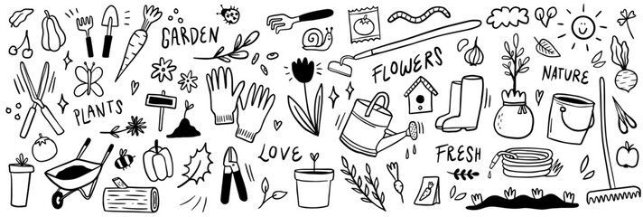 Whimsical garden doodle set. Cute gardening vector illustration - obrazy, fototapety, plakaty
