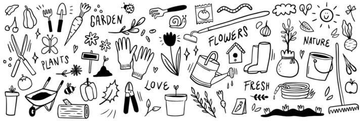 Tuinposter Whimsical garden doodle set. Cute gardening vector illustration © Lisa