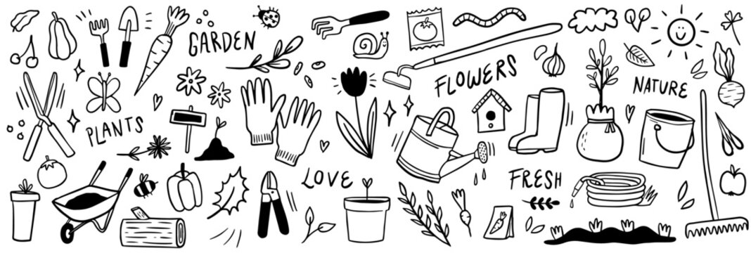 Whimsical garden doodle set. Cute gardening vector illustration