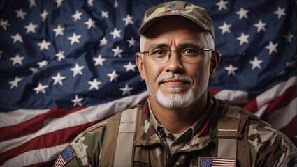 Happy Veteran's Day banner. Veteran on a american flag background.