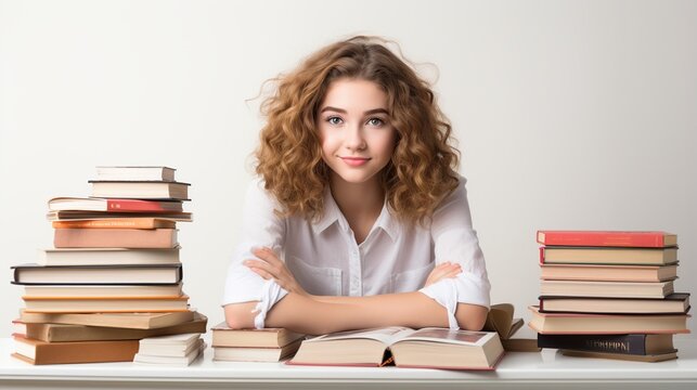 Beautiful Teenage girl with stacks of books white background. AI generated image