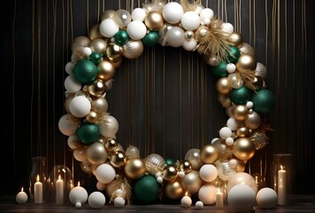 Fototapeta na wymiar Silver and gold and green balls decoration Christmas wreath with candles on wooden brown background with copy space, wallpaper festive