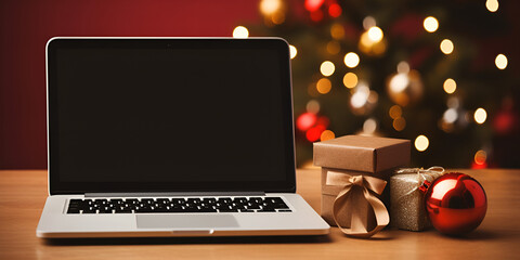 Wooden desk with computer with blank screen against blurred Christmas lights A laptop with a...