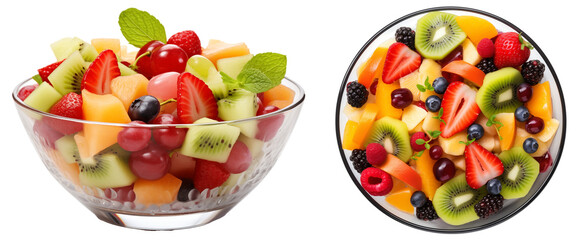 Bundle of two fruit salad bowls with mixed berries and fruits isolated on white background - obrazy, fototapety, plakaty