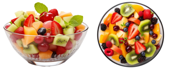 Bundle of two fruit salad bowls with mixed berries and fruits isolated on white background