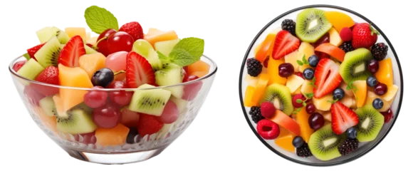 Foto auf Glas Bundle of two fruit salad bowls with mixed berries and fruits isolated on white background © Flowal93