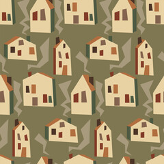 Seamless pattern with geometric light houses and smoke. It can be used for fabric, wrapping paper, scrapbooking, textiles, posters, banners and other decoration. Houses on a light background
