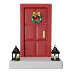 Festive christmas wreath of fir branches on a red front door  Christmas  illustration cartoon icon concept. isolated on transparent background PNG 3d rendering.