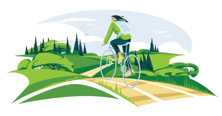Concept of green energy and safe environment, woman on bicycle on green meadow landscape background. Vector flat illustration