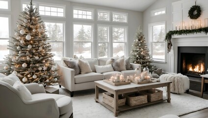 Minimalist living room in white color decorated with classic Christmas decorations