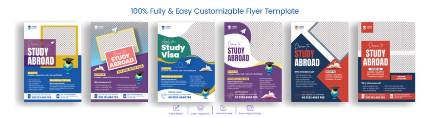 Editable print flyer bundle for educational university admission flyer pack , Study abroad flyer, school admission flyer, online learning course flyer, 
student visa agency poster, Higher education - obrazy, fototapety, plakaty