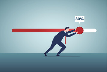 Working project progress, effort to finish work or achieve business success, accomplishment, ambition or career challenge, businessman try hard to push working progress bar to finish in deadline.