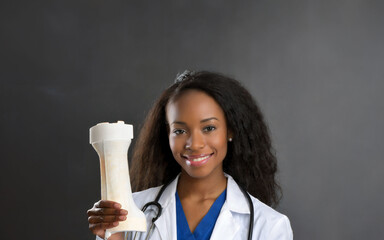 jeune femme médecin, noire de peau, en uniforme hospitalier avec un stéthoscope autour du cou, tenant dans sa main une prothèse, type plâtre,  faite avec une imprimante 3D.