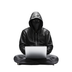 Hacker with laptop isolated on transparent background. AI generative element.