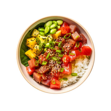 Hawaiian poke bowl. Cut-out, isolated element on transparent background. AI generative.