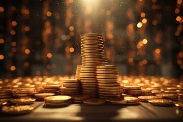 many coins are stacked together on the table.  - obrazy, fototapety, plakaty