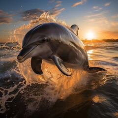 Dolphin gracefully jumps out of the ocean waves against the background of a shining sunset