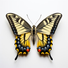 Close-up shot of a vibrant swallowtail butterfly with yellow, black, and blue patterns, isolated on a white background