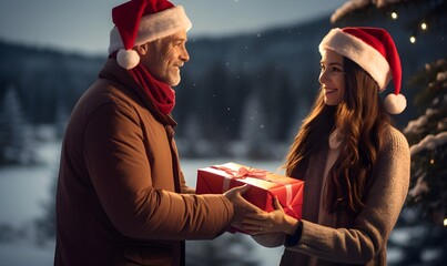 Happy couple exchanging Christmas gift with red bow on background of christmas tree with lights. Stylish multiethnic lovers holding present close up in festive decorated room. Happy Holidays outside 
