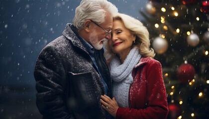 Romantic sweet senior couple hugging, Christmas tree, smiling while celebrating new year eve and...