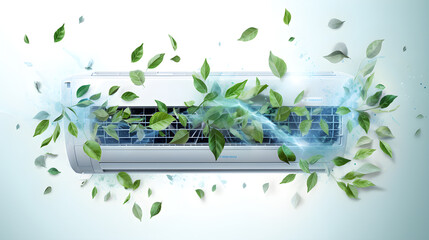 air conditioner blowing cold air with snowflakes and green leaves, strong cold air with snowflakes and green leaves on light white background, highly detailed, high resolution, intricate detail,