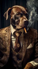 Dog dressed in an elegant suit, standing as a leader and a confident gentleman, smoking a cigarette. Fashion portrait of an anthropomorphic anima posing with a charismatic human attitude. © mozZz
