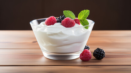 Homemade yogurt with berries on a wooden background