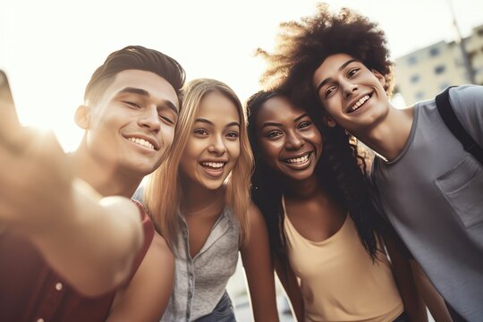 cheerful and smiling young friends taking group selfie