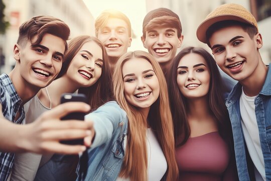 group of young friends capturing outdoor daytime selfie