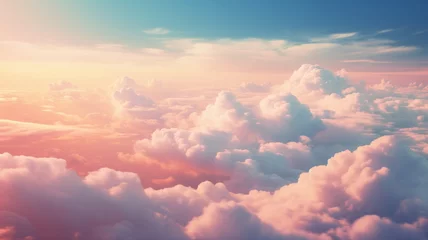 Fotobehang Slaapkamer Pink blue clouds at sunset, cloudy air, flying in the sky, landscape sky at dawn. 3d render  © angel_nt