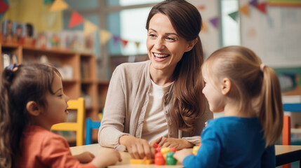 A teacher in a kindergarten or elementary school surrounded by her students.