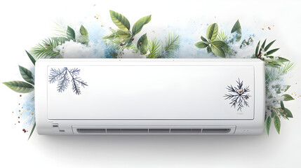 air conditioner blowing cold air with snowflakes and green leaves, strong cold air with snowflakes and green leaves on light white background, highly detailed, high resolution, intricate detail, - obrazy, fototapety, plakaty