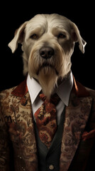 Dog dressed in an elegant suit with a nice tie. Fashion portrait of an anthropomorphic animal posing with a charismatic human attitude © mozZz