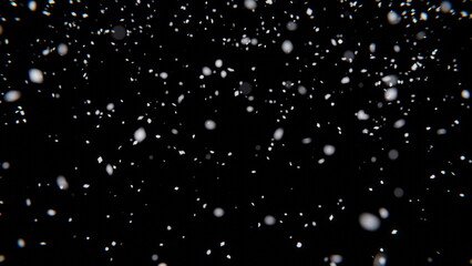 White snow falls in the dark on a black background. Blurred snowflakes in motion. 3d render