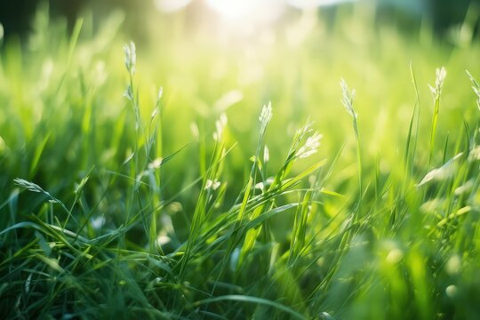 eco friendly green grass land with summer sunlight