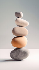 Stones in different colors and sizes are stacked on top of each other in a way that they are balanced and create a tower-like structure. Plain grey background. Minimalistic feel to it.