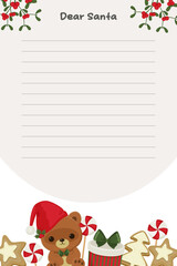 Letter to Santa. Christmas wishlist. Santa letter template with mistletoe, teddy bear, gift box, Christmas candy, and Christmas cookies. Vector illustration