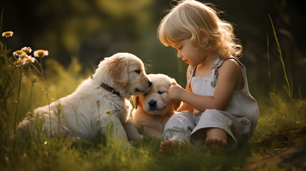 Little girl with her golden retriever puppy dog, in a park outdoor summer