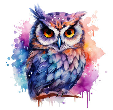 Watercolor cute night owl. Generative AI, png image.
