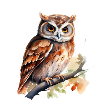 Watercolor owl brown. Generative AI, png image.