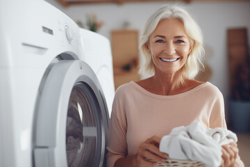 Photo of mature senior female with laundry - obrazy, fototapety, plakaty