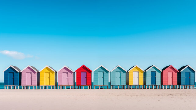 Minimalistic image of a row of colourful, woden beach huts on a sandy beach. The sky is a clear blue and the sand is a light beige. 