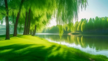 Gordijnen green trees stand next to a lake and water, Generative AI © Shinn