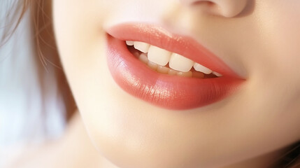 Obraz premium Closeup of beautiful smile of young woman with healthy white teeth. Healthcare concept. Generative AI