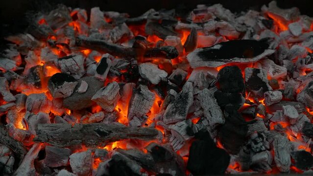 Close up of burning charcoal on a barbeque.